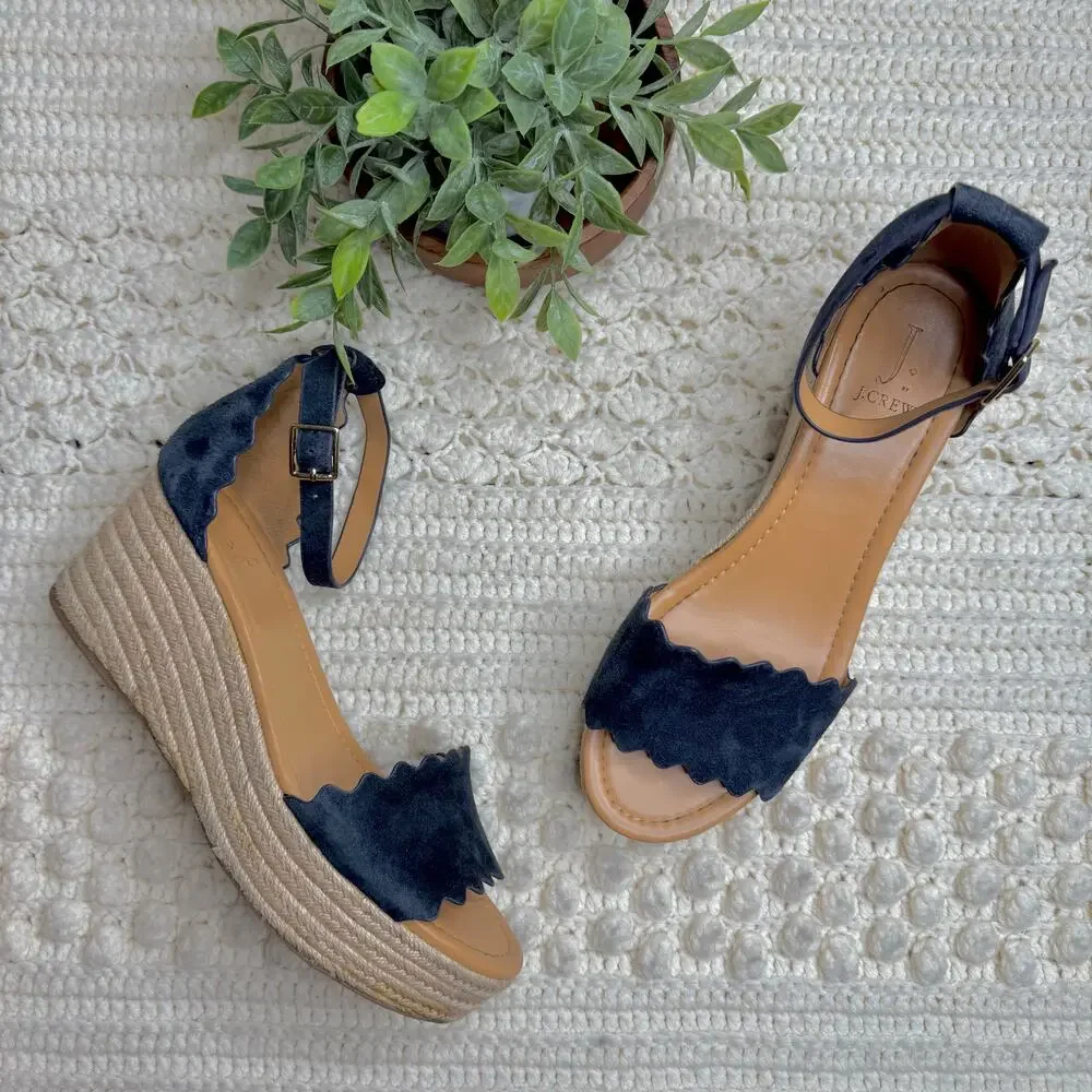 J. CREW Women's 10 Suede Leather Scalloped Flatform Espadrille Shoes Navy Tan